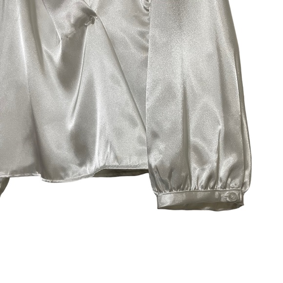 Calvin Klein Satin Surplice V-Neck Long Blouson Sleeve Cross White Blouse L - Picture 2 of 12